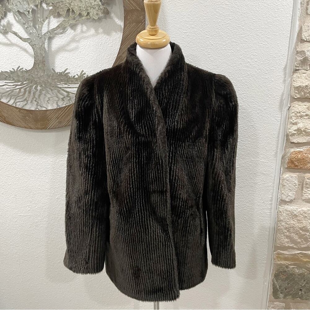 Vintage Jacques Saint Laurent for Genelle Ribbed Faux Fur Coat Dark Brown